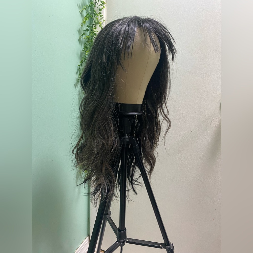 Human/Synthetic Blend Highlighted Black Wavy Hair Lace Front Wig with Bangs